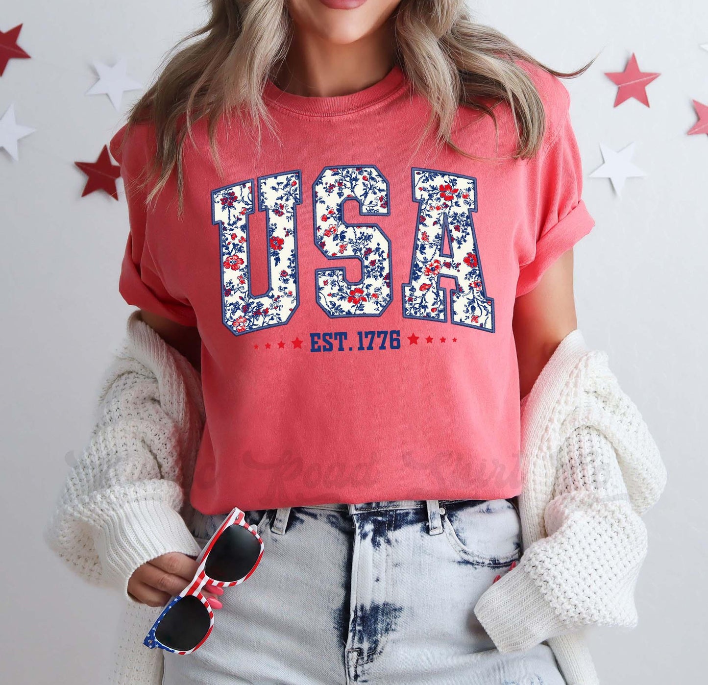 USA Floral Shirt, Fourth of July Shirt, Memorial Day Shirt, Comfort Colors™ Shirt, 4th of July Shirt,