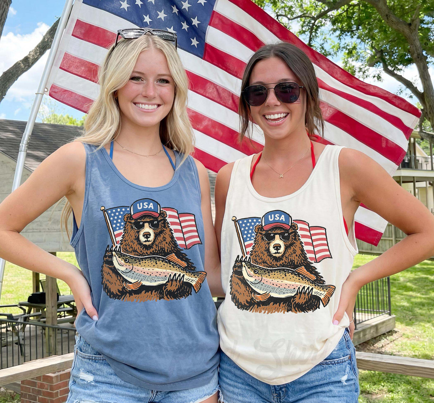 Patriotic Bear Fishing Tank Top – Funny USA Graphic Tank, 4th of July Shirt, Lake Day Summer Outfit