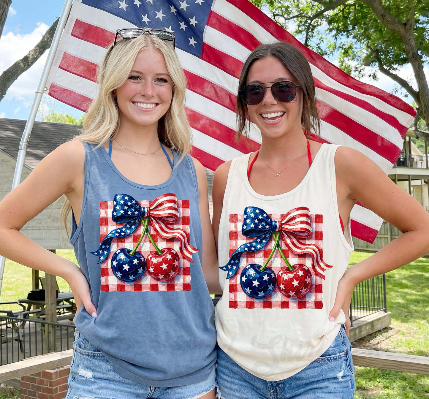 Cherry Checkered Americana Tank Top, 4th of July Tank Top, Comfort Colors Tank Top