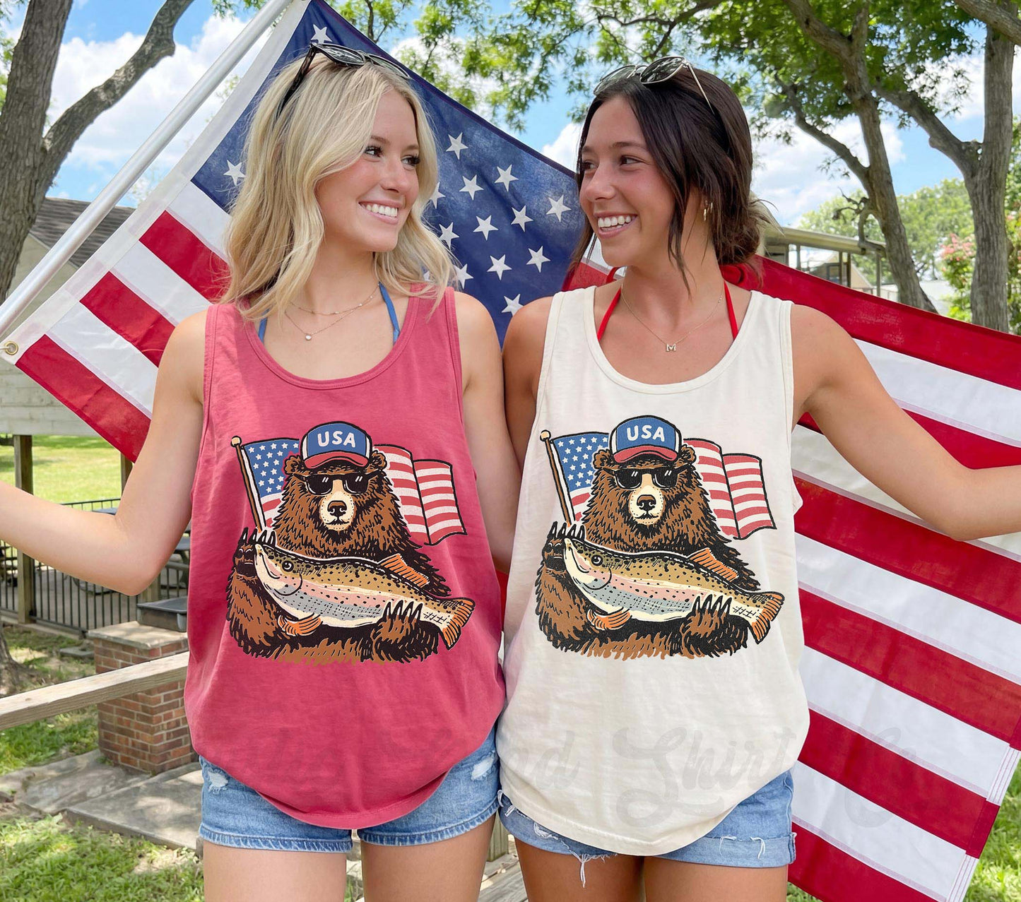 Patriotic Bear Fishing Tank Top – Funny USA Graphic Tank, 4th of July Shirt, Lake Day Summer Outfit