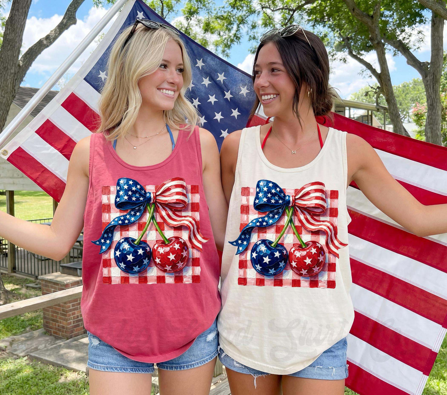 Cherry Checkered Americana Tank Top, 4th of July Tank Top, Comfort Colors Tank Top