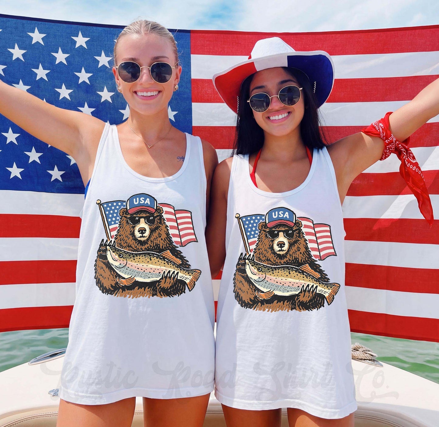 Patriotic Bear Fishing Tank Top – Funny USA Graphic Tank, 4th of July Shirt, Lake Day Summer Outfit