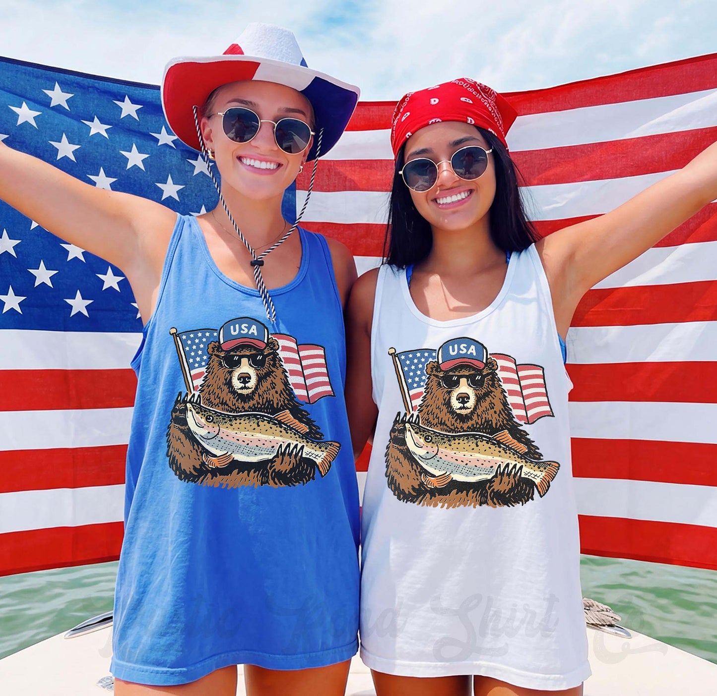 Patriotic Bear Fishing Tank Top – Funny USA Graphic Tank, 4th of July Shirt, Lake Day Summer Outfit