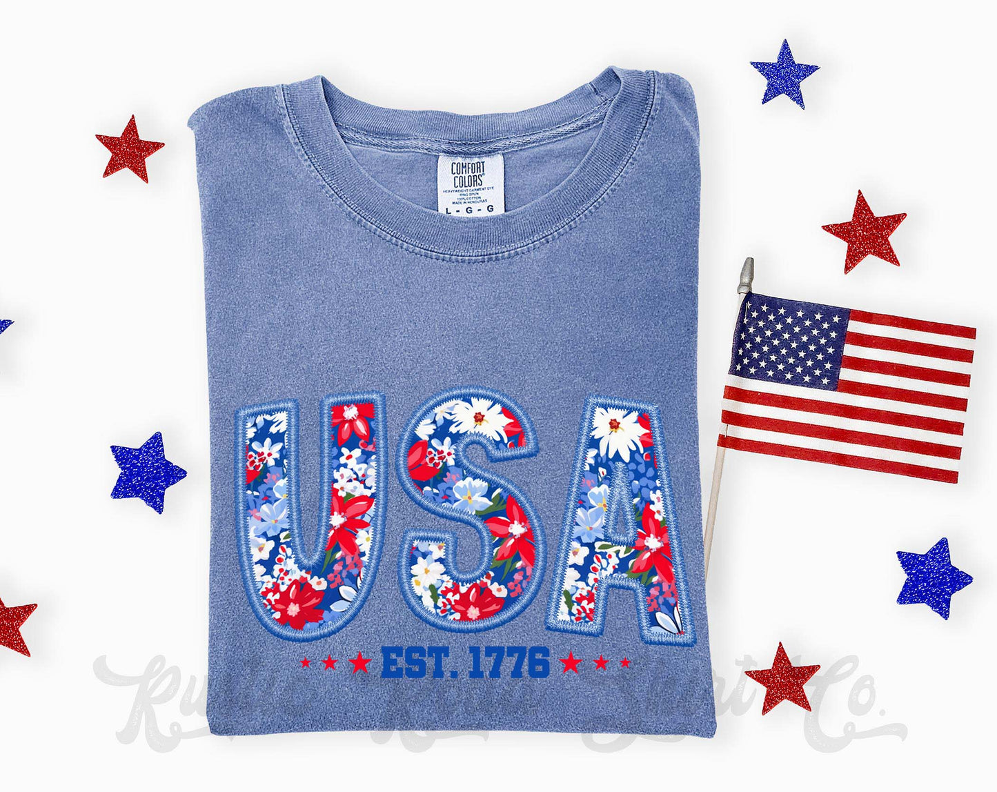 USA Faux Embroidery Shirt, 4th of July Shirt, Comfort Colors Shirt