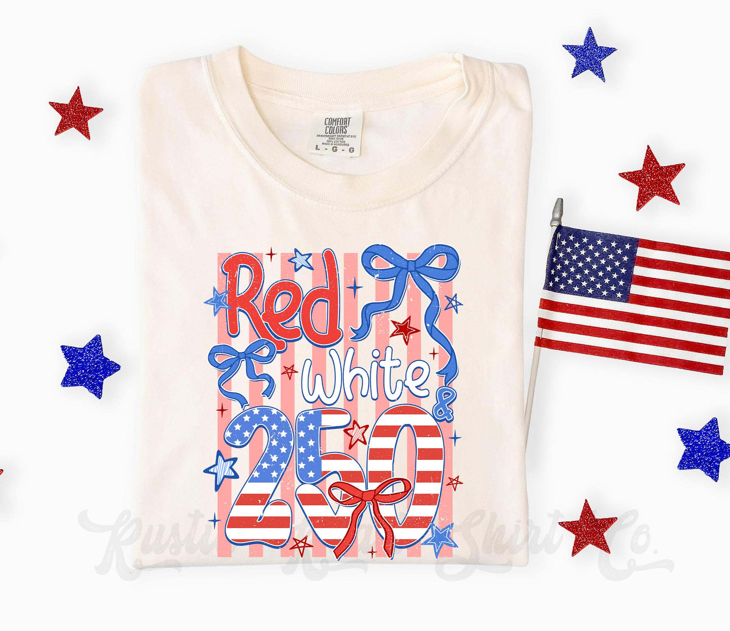 Folded t-shirt with 'Red White 250' design on a white background with stars and an American flag.