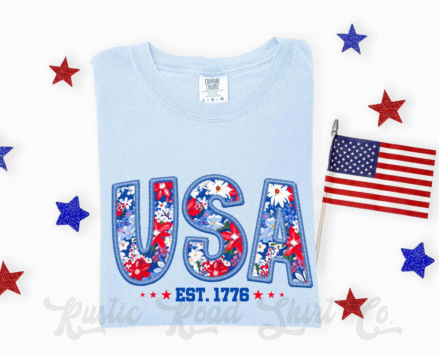 USA Faux Embroidery Shirt, 4th of July Shirt, Comfort Colors Shirt