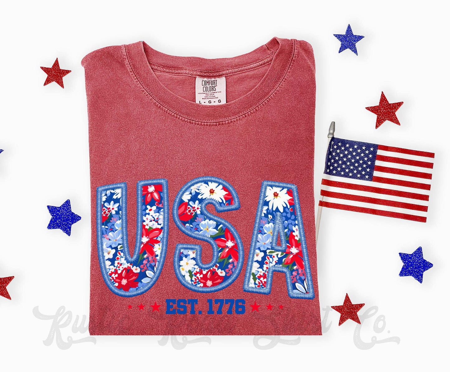 USA Faux Embroidery Shirt, 4th of July Shirt, Comfort Colors Shirt