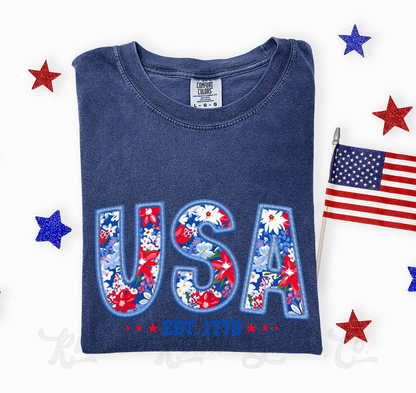 USA Faux Embroidery Shirt, 4th of July Shirt, Comfort Colors Shirt