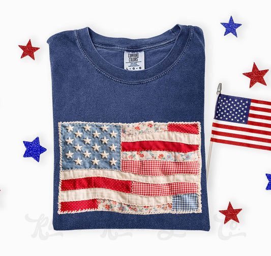 American Flag Faux Quilt Shirt, 4th of July Shirt, Comfort Colors Shirt
