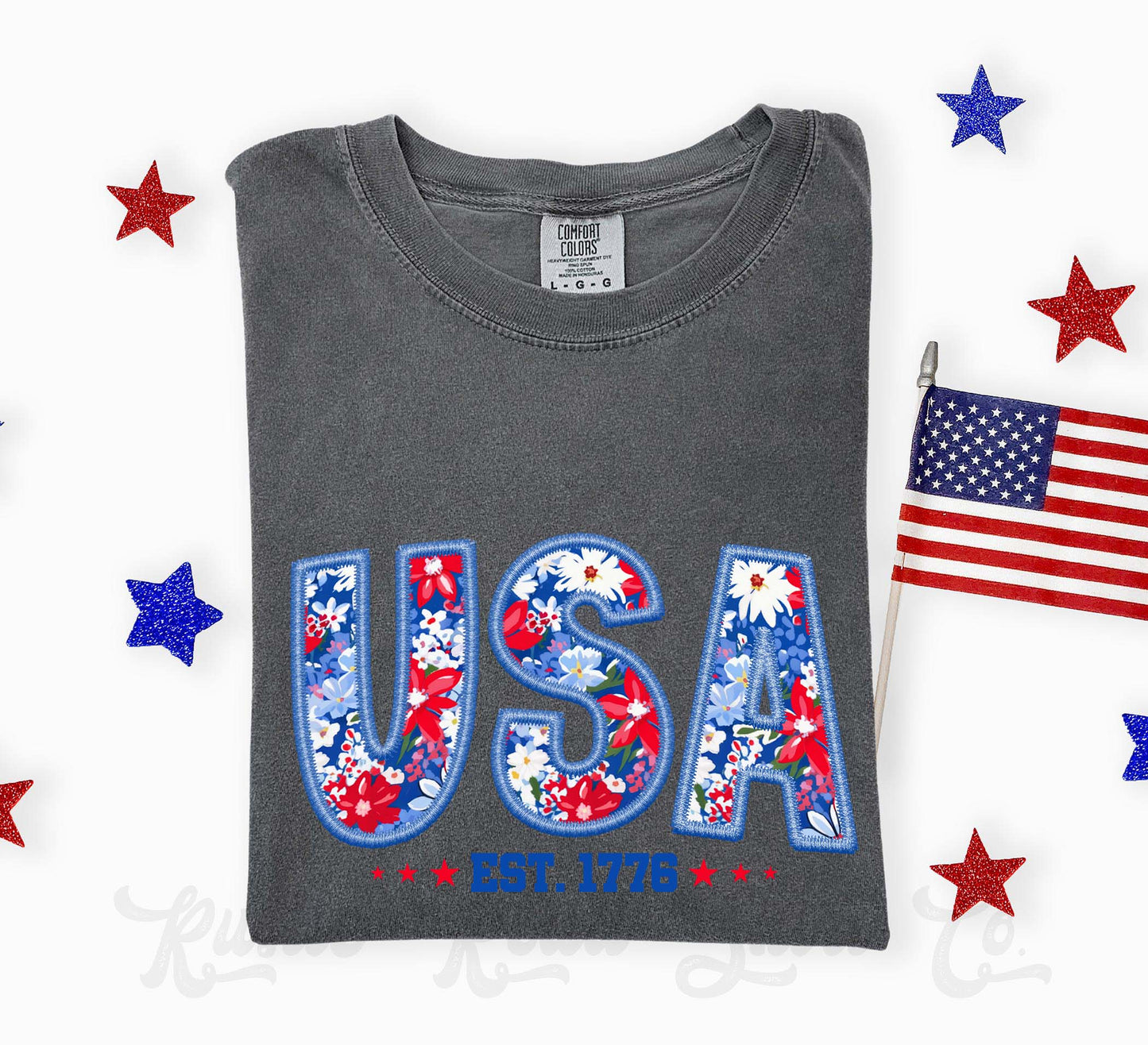 USA Faux Embroidery Shirt, 4th of July Shirt, Comfort Colors Shirt