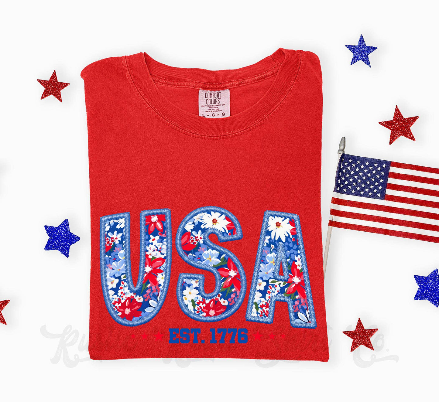 USA Faux Embroidery Shirt, 4th of July Shirt, Comfort Colors Shirt
