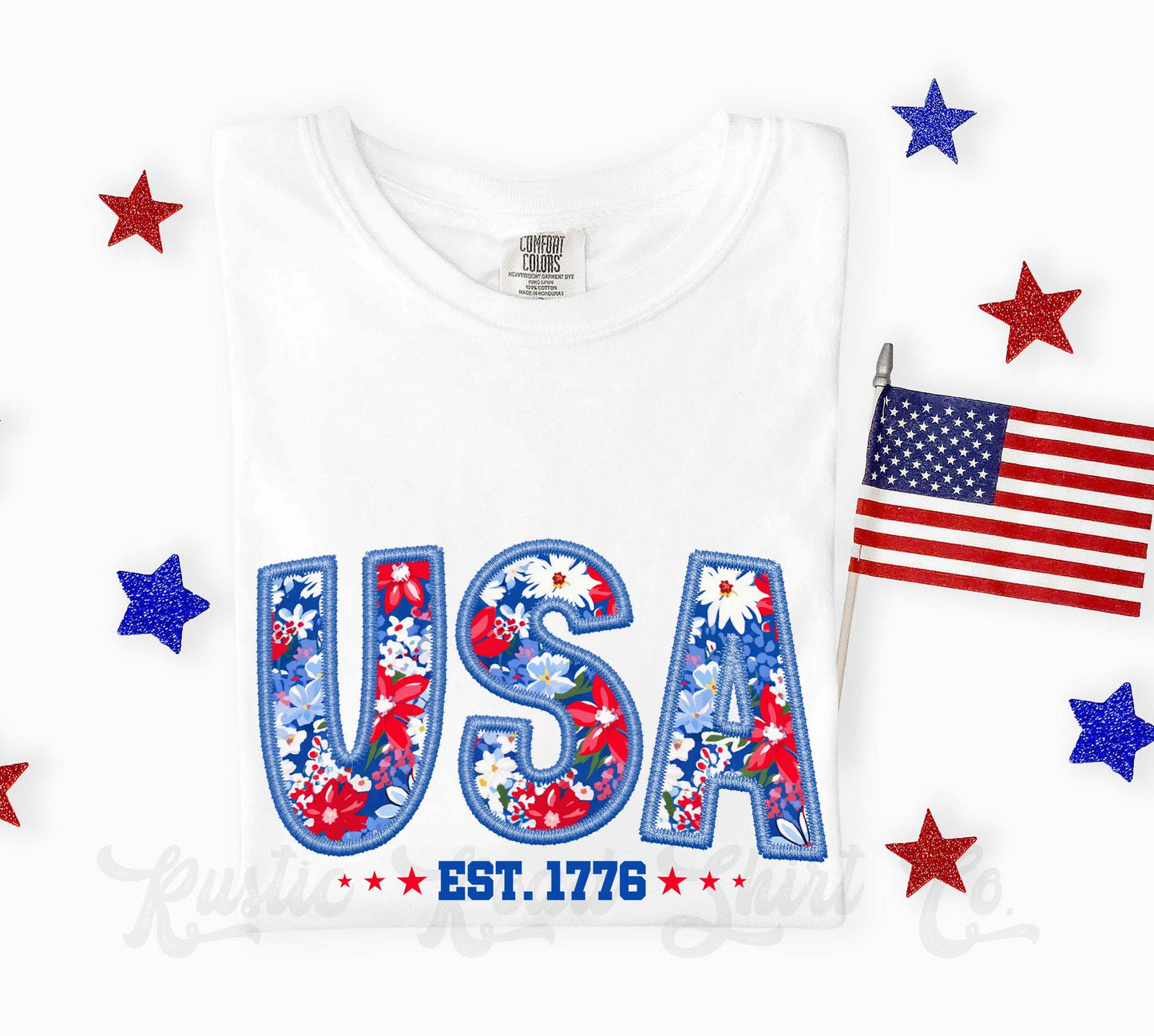 USA Faux Embroidery Shirt, 4th of July Shirt, Comfort Colors Shirt