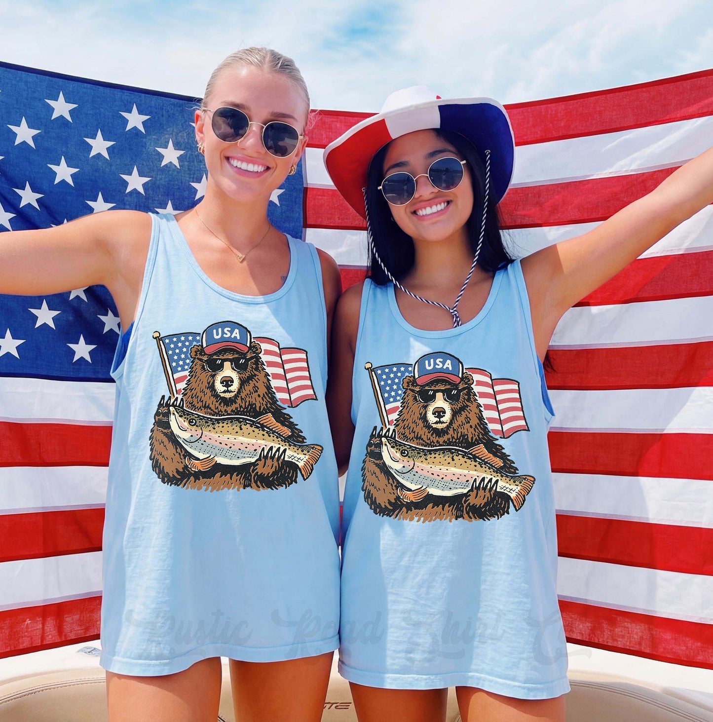 Patriotic Bear Fishing Tank Top – Funny USA Graphic Tank, 4th of July Shirt, Lake Day Summer Outfit