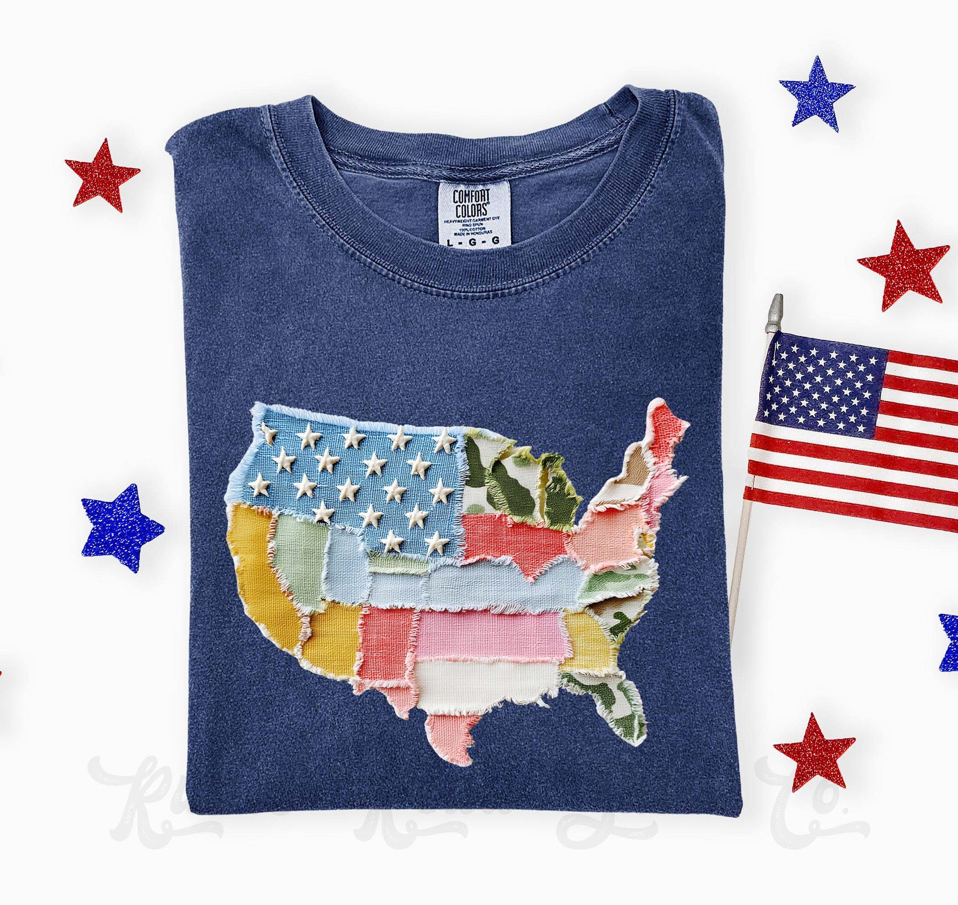 Navy blue t-shirt with a colorful USA map design on a white background with American flags and stars.