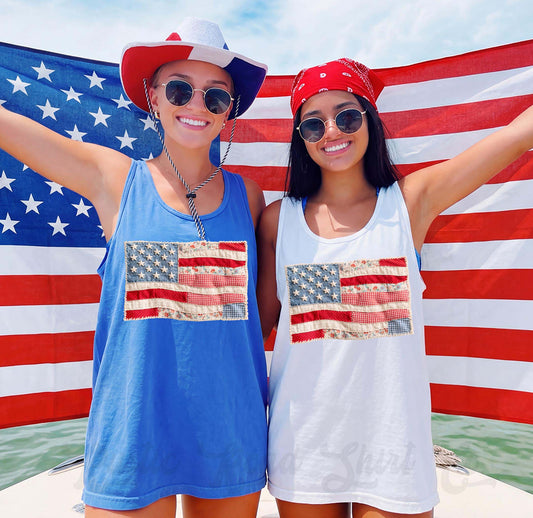 American Flag Faux Quilt Tank Top, 4th of July Tank, Comfort Colors Tank