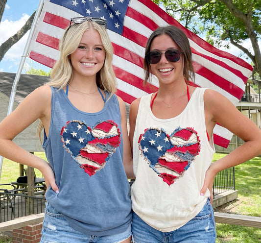 American Flag Heart Faux Quilt Tank Top, 4th of July Tank, Comfort Colors Tank