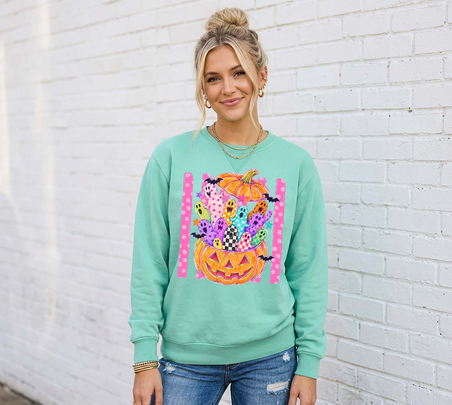 Neon Pumpkin Sweatshirt, Vintage Inspired Halloween Sweatshirt, Garment Dyed Crewneck Sweatshirt