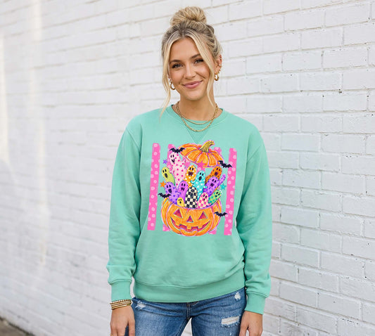 Neon Pumpkin Sweatshirt, Vintage Inspired Halloween Sweatshirt, Garment Dyed Crewneck Sweatshirt