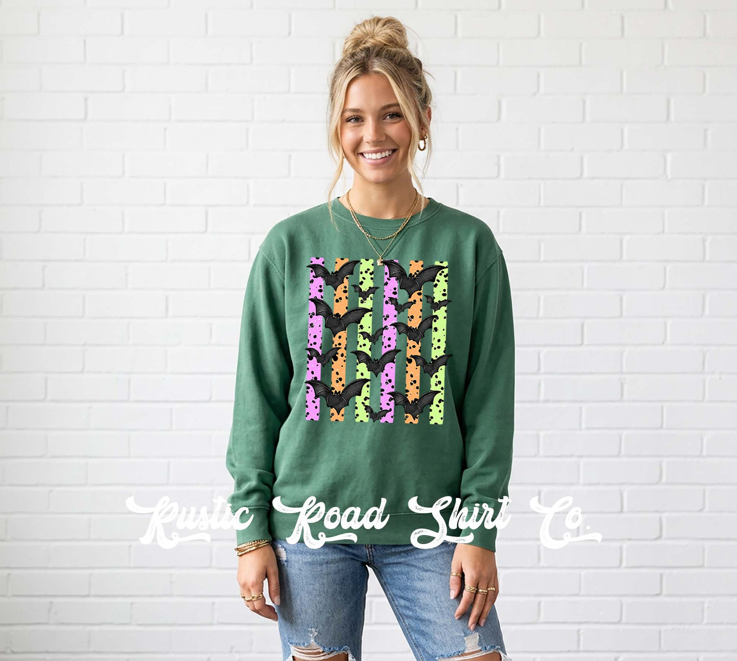Neon Bat Halloween Sweatshirt, Vintage Inspired Halloween Sweatshirt, Garment Dyed Crewneck Sweatshirt