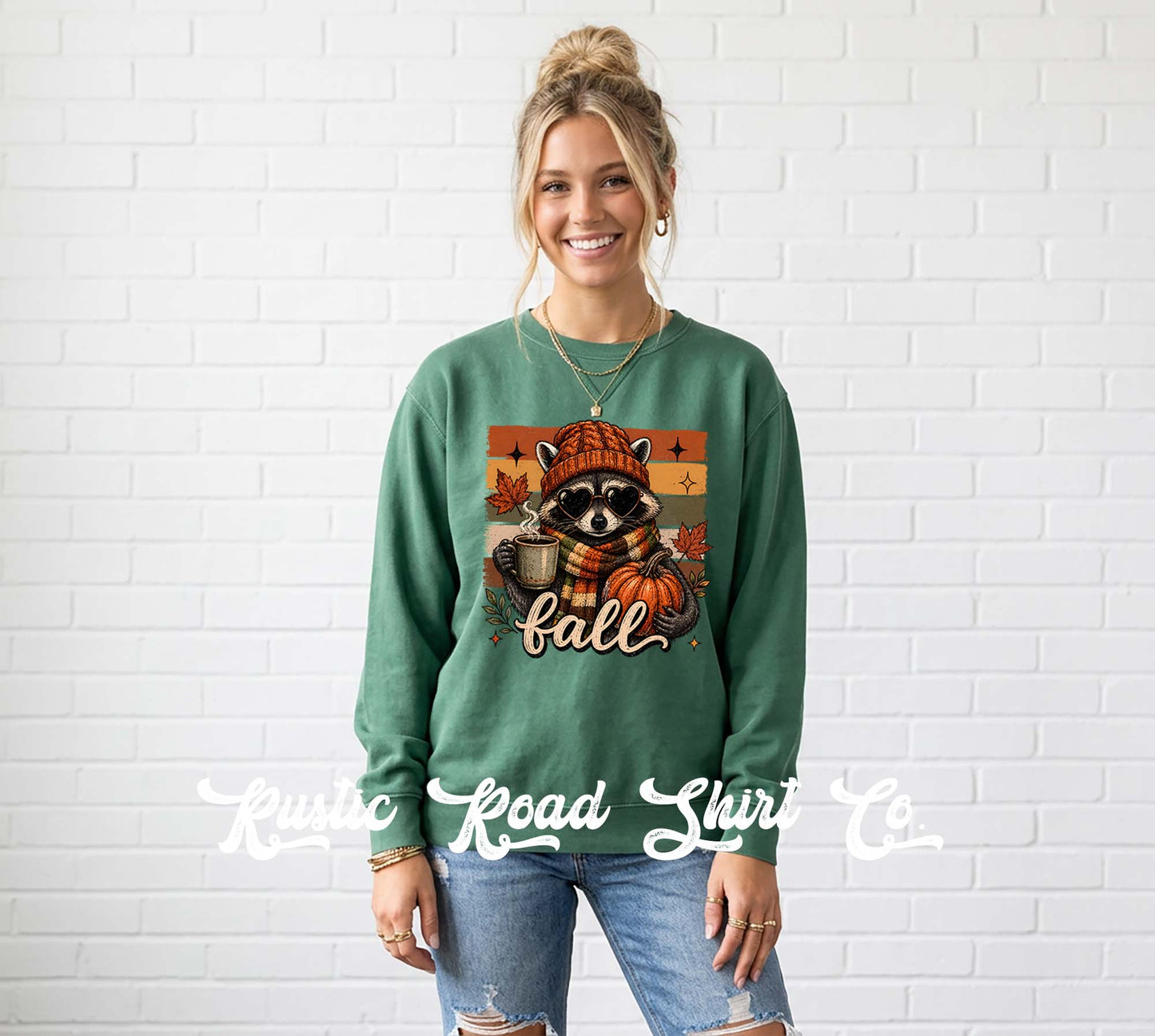 Fall Racoon Sweatshirt, Ladies Fall Graphic Sweatshirt, Garment Dyed Crewneck Sweatshirt (