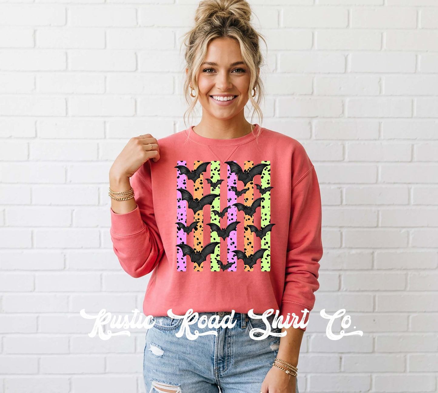 Neon Bat Halloween Sweatshirt, Vintage Inspired Halloween Sweatshirt, Garment Dyed Crewneck Sweatshirt