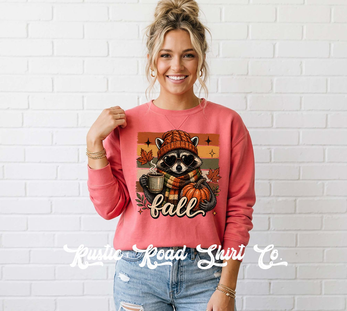 Fall Racoon Sweatshirt, Ladies Fall Graphic Sweatshirt, Garment Dyed Crewneck Sweatshirt (