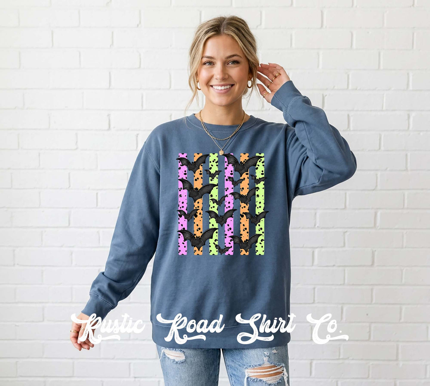 Neon Bat Halloween Sweatshirt, Vintage Inspired Halloween Sweatshirt, Garment Dyed Crewneck Sweatshirt