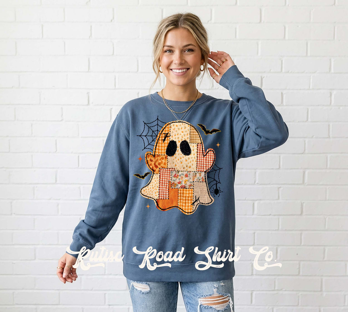 Patchwork Ghost Sweatshirt, Garment Dyed Crewneck Sweatshirt