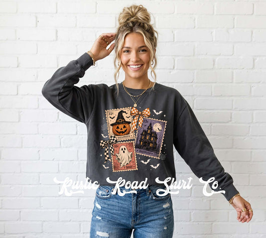 Postage Stamp Halloween Sweatshirt, Vintage Inspired Halloween Sweatshirt, Garment Dyed Crewneck Sweatshirt (Copy)