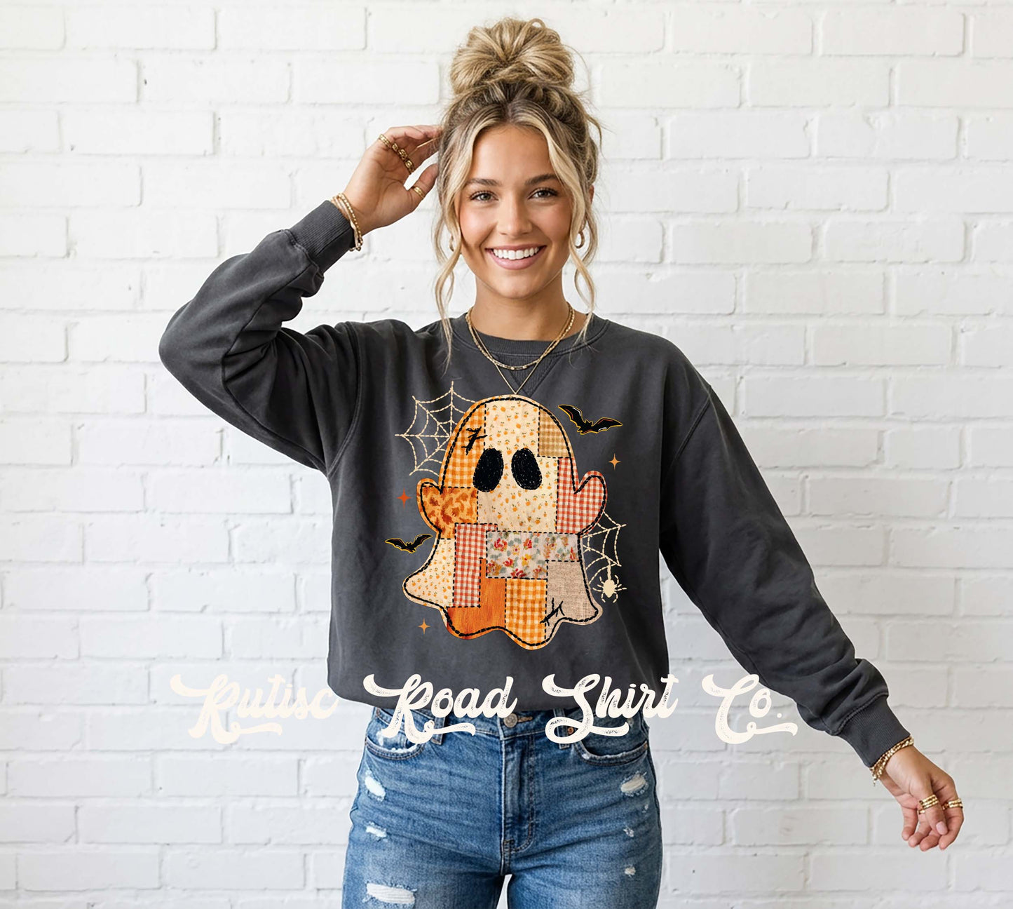 Patchwork Ghost Sweatshirt, Garment Dyed Crewneck Sweatshirt
