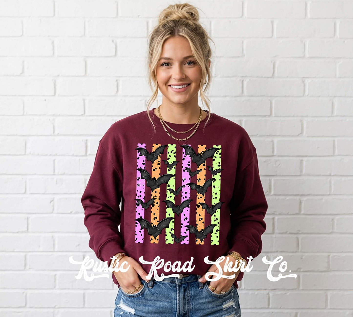 Neon Bat Halloween Sweatshirt, Vintage Inspired Halloween Sweatshirt, Garment Dyed Crewneck Sweatshirt
