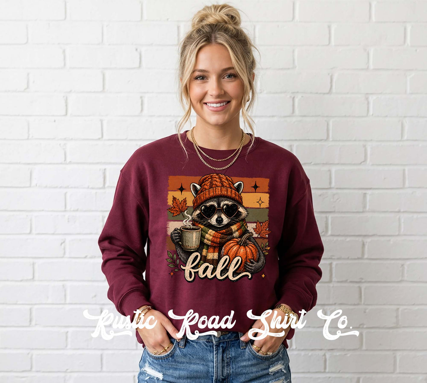 Fall Racoon Sweatshirt, Ladies Fall Graphic Sweatshirt, Garment Dyed Crewneck Sweatshirt (