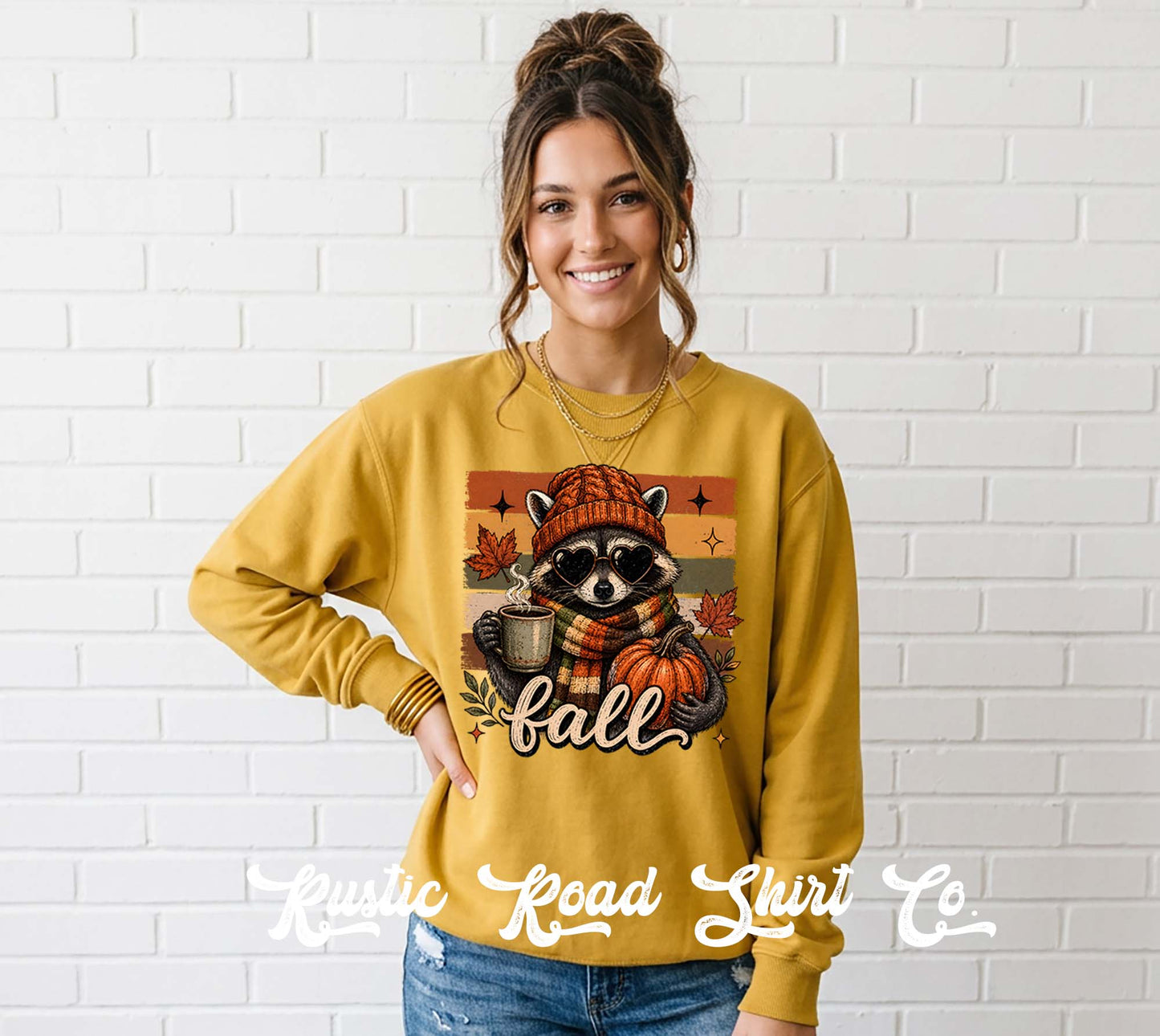 Fall Racoon Sweatshirt, Ladies Fall Graphic Sweatshirt, Garment Dyed Crewneck Sweatshirt (