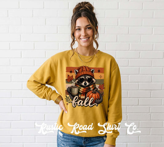 Fall Racoon Sweatshirt, Ladies Fall Graphic Sweatshirt, Garment Dyed Crewneck Sweatshirt (