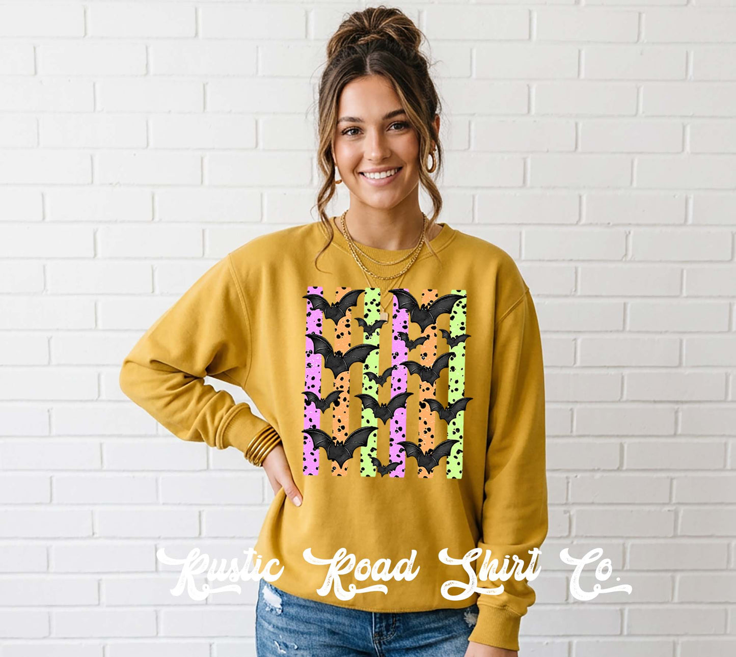 Neon Bat Halloween Sweatshirt, Vintage Inspired Halloween Sweatshirt, Garment Dyed Crewneck Sweatshirt