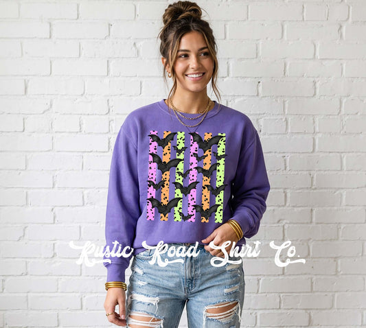 Neon Bat Halloween Sweatshirt, Vintage Inspired Halloween Sweatshirt, Garment Dyed Crewneck Sweatshirt