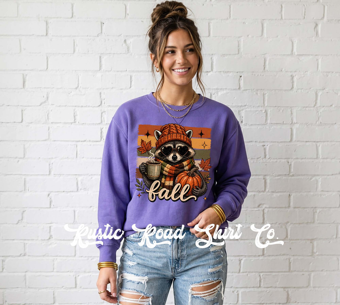 Fall Racoon Sweatshirt, Ladies Fall Graphic Sweatshirt, Garment Dyed Crewneck Sweatshirt (