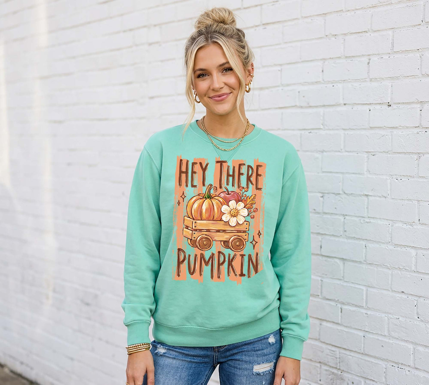 Hey There Pumpkin Sweatshirt, Ladies Fall Graphic Sweatshirt, Garment Dyed Crewneck Sweatshirt