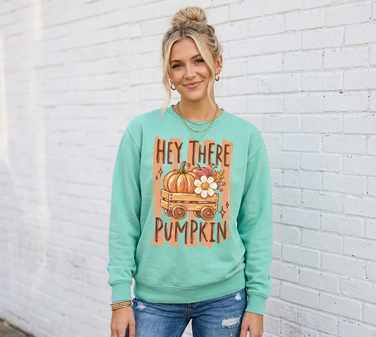 Hey There Pumpkin Sweatshirt, Ladies Fall Graphic Sweatshirt, Garment Dyed Crewneck Sweatshirt