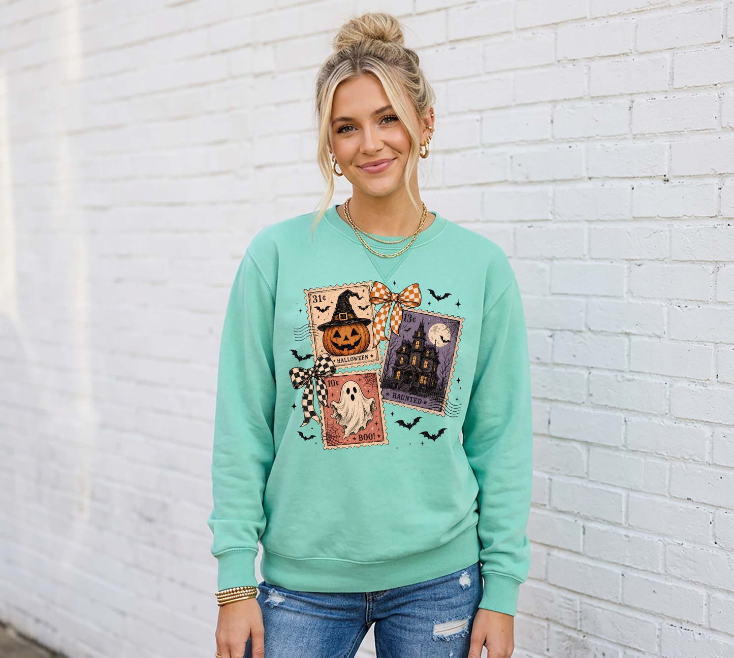 Postage Stamp Halloween Sweatshirt, Vintage Inspired Halloween Sweatshirt, Garment Dyed Crewneck Sweatshirt (Copy)