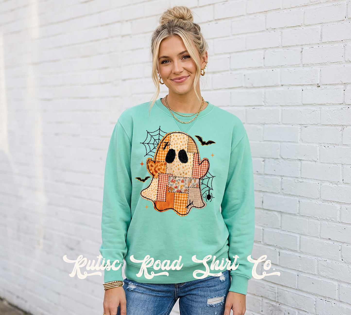 Patchwork Ghost Sweatshirt, Garment Dyed Crewneck Sweatshirt
