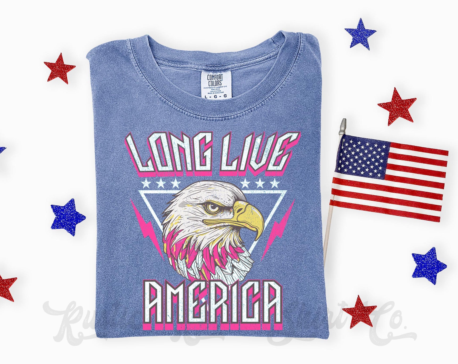 Blue t-shirt with 'Long Live America' design featuring an eagle, surrounded by American flags and stars on a white background.