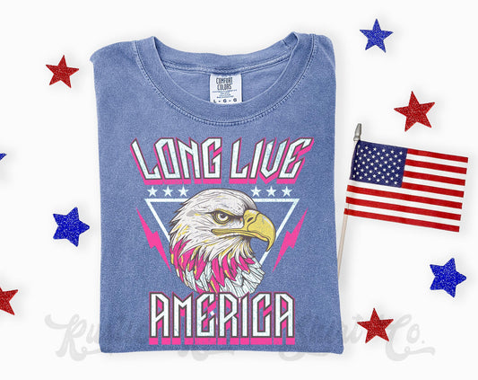 Blue t-shirt with 'Long Live America' design featuring an eagle, surrounded by American flags and stars on a white background.