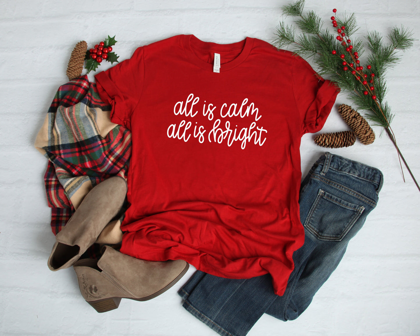 Christmas T-shirt for Women, All is Calm All is Bright, Christmas Tee, Holiday Shirt, Women's Christmas, Religious Christmas Shirt