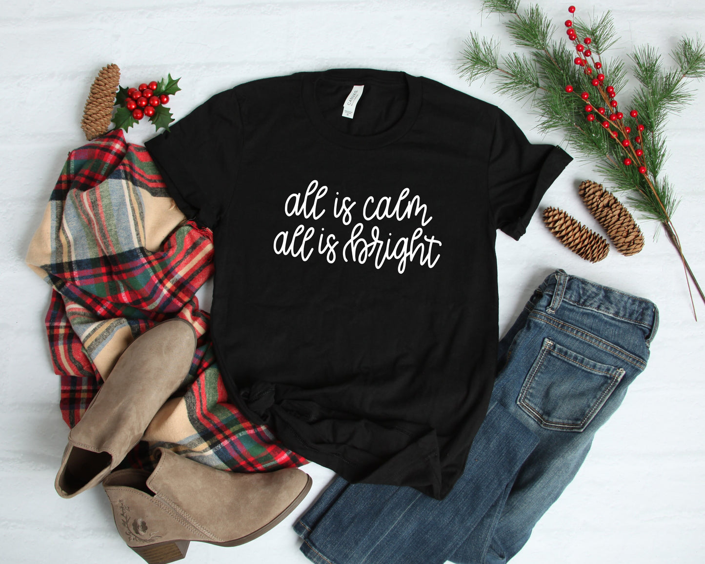 Christmas T-shirt for Women, All is Calm All is Bright, Christmas Tee, Holiday Shirt, Women's Christmas, Religious Christmas Shirt