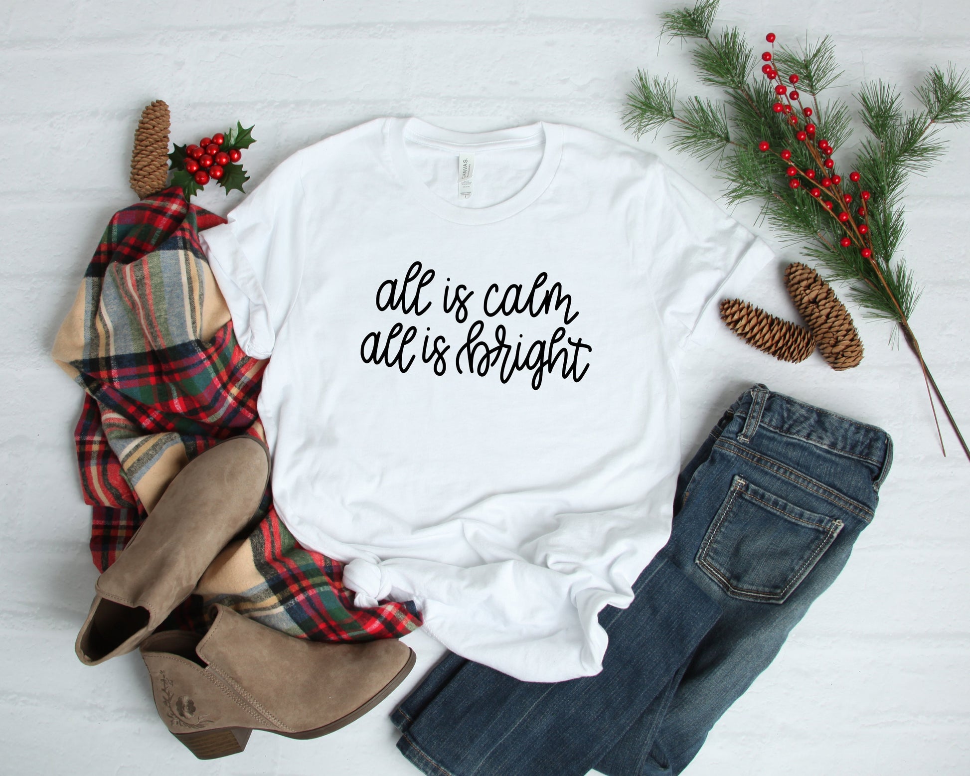 Christmas T-shirt for Women, All is Calm All is Bright, Christmas Tee, Holiday Shirt, Women's Christmas, Religious Christmas Shirt