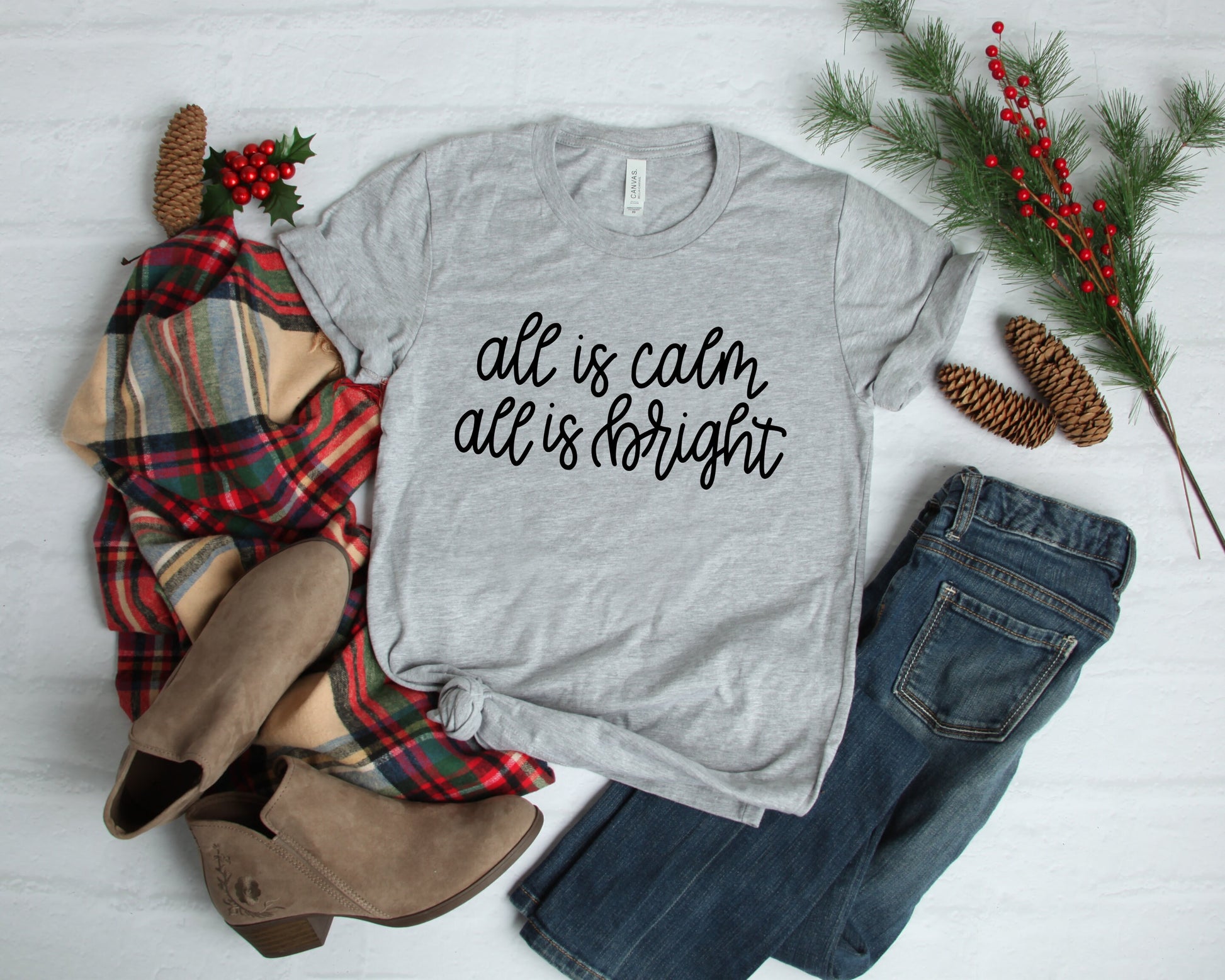 Christmas T-shirt for Women, All is Calm All is Bright, Christmas Tee, Holiday Shirt, Women's Christmas, Religious Christmas Shirt