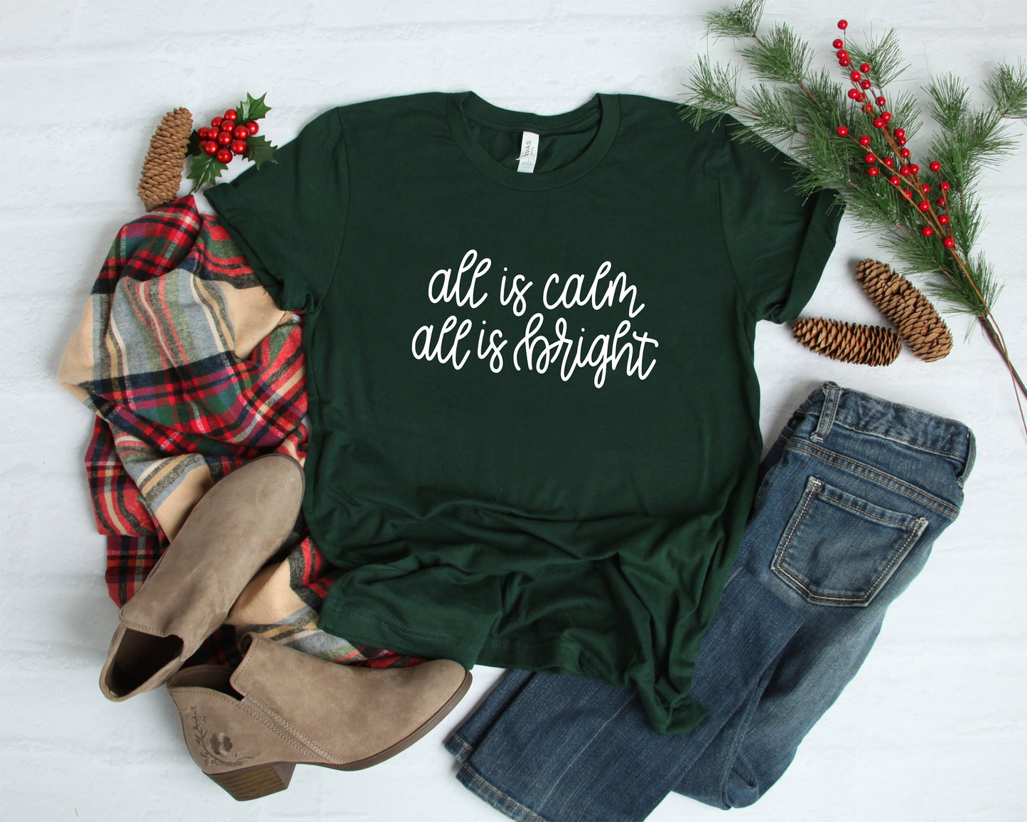 Christmas T-shirt for Women, All is Calm All is Bright, Christmas Tee, Holiday Shirt, Women's Christmas, Religious Christmas Shirt