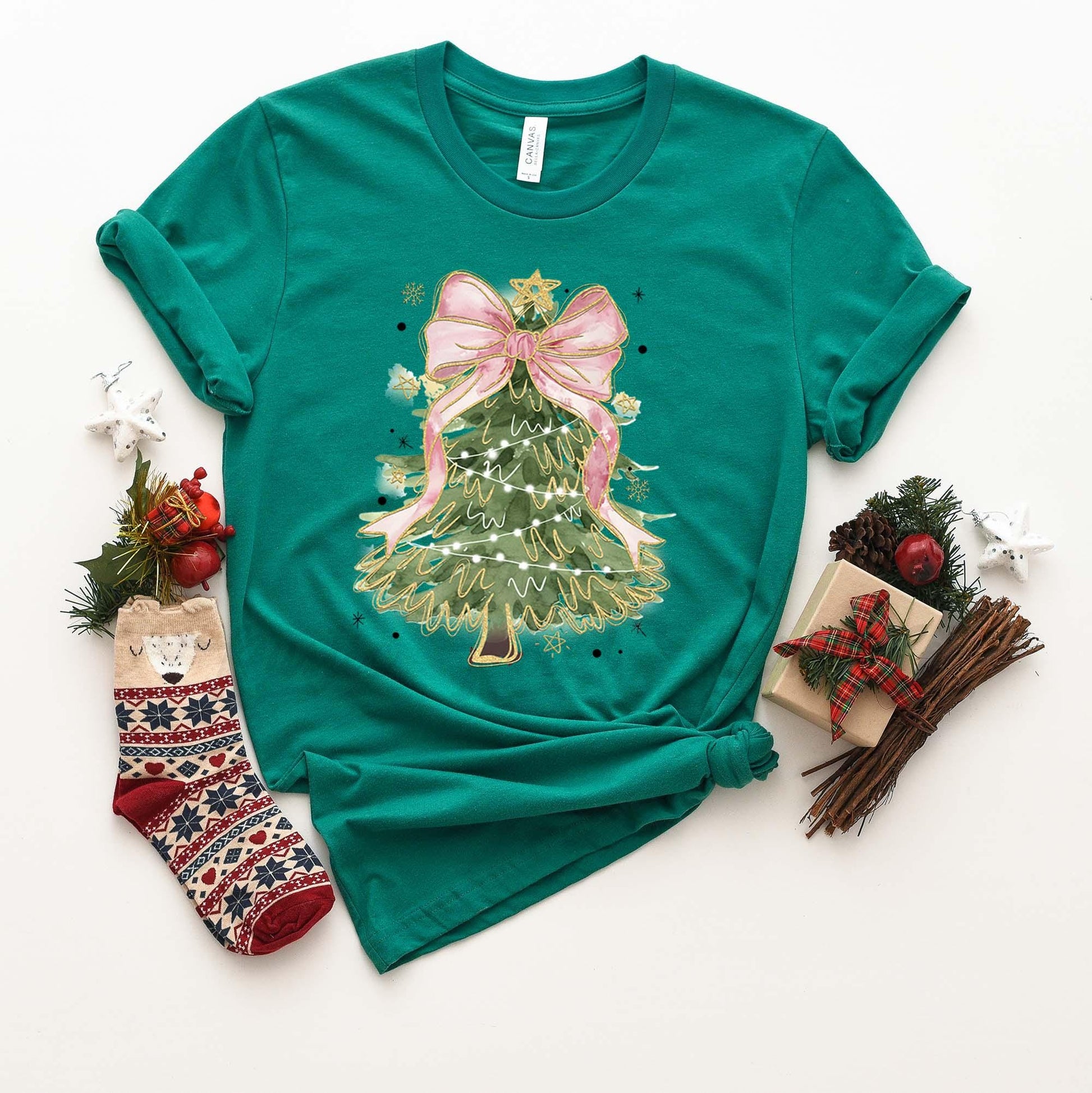 Christmas Tree Bow Shirt, Coquette Christmas Shirt, Christmas Tee, Holiday Shirt, Women's Christmas,