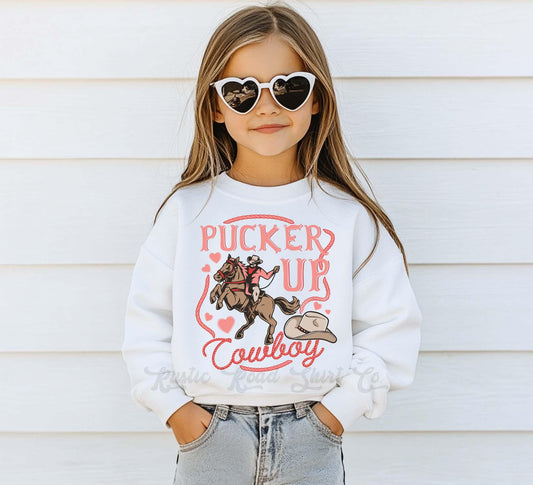 Girls Valentines Sweatshirt, Pucker Up Cowboy, Valentines Sweater, Toddler Valentines Shirt, Valentines Crewneck